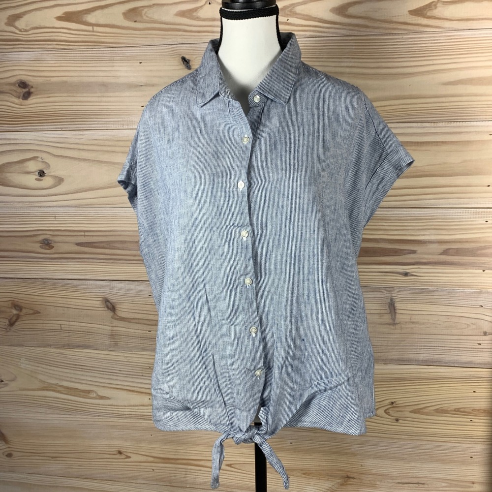 Weatherproof Vintage Shirt Women L Blue Striped Tie Front Washable Linen Top